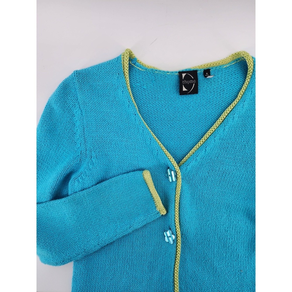 Thyme Womens Blue Knit Cardigan‎ Sweater Green Trim Flower Buttons Small